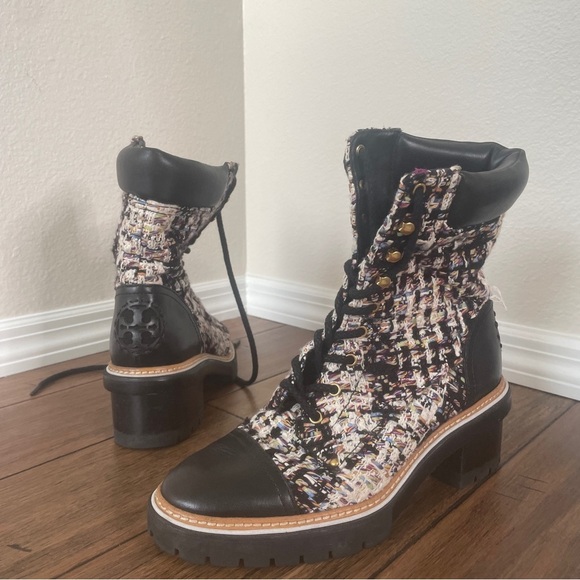 Tory Burch Tweed leather combat boots moto boots fall boots lace up booties - Picture 5 of 16